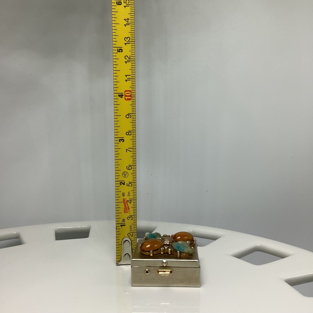 Vintage Gold Tone Pill Trinket Box Orange Turquoise Jeweled Square Box w/ Insert - Picture 10 of 12